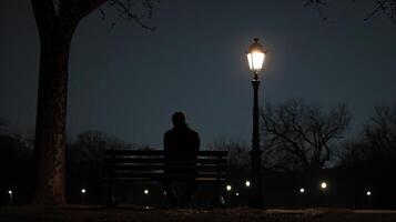 AI generated A depression man sits alone on a park bench at night with nearby street lamp. photo