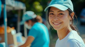 AI generated a team of volunteer woman in a community working together at an outdoor booth in sunny day photo