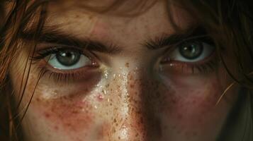 AI generated close up of serious beautiful teenage woman pimple face stare at camera photo