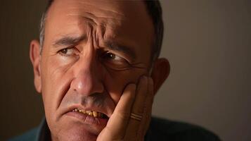 AI generated old man has a toothache holding jaw with yellow and decaying teeth photo