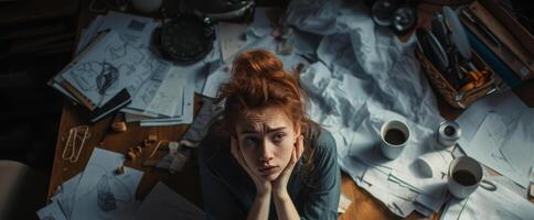 AI generated Work overload freelancer woman working from home with multiple project burnout photo