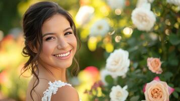 AI generated a bride in wedding day smile with bright white teeth roses garden background photo