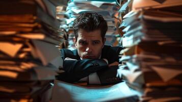 AI generated Work overload lawyer working late night with pressure and stacks of legal documents case files photo