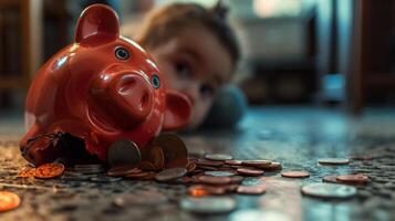 ai generado roto cerdito banco y monedas con niña en el piso financiero crisis foto