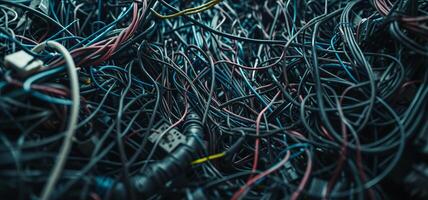 AI generated mess of electrical wires and cables in the box confusion and unorganize photo