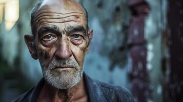 AI generated metal illness old man standing in an alley with graffiti on the walls. photo