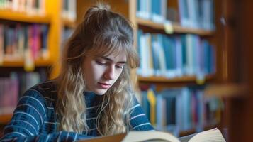 ai generado yo mejora mujer estudiante estudiando en un biblioteca esquina leyendo un libro solo foto