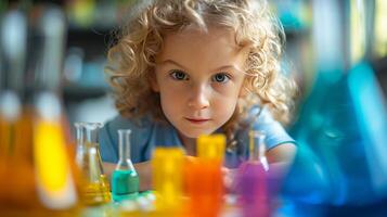 AI generated life long learning young child with colorful beakers and test tubes. experimenting in chemistry photo