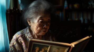 ai generado envejecimiento sociedad antiguo mujer mirando a familia foto álbum llenar con memoria nostalgia