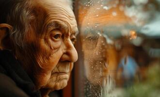 AI generated Aging Society old man looking out of window in a nursing home photo