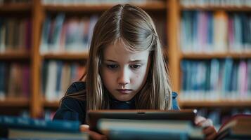 ai generado joven niña utilizando un tableta en un biblioteca frente a acoso cibernético mensaje foto