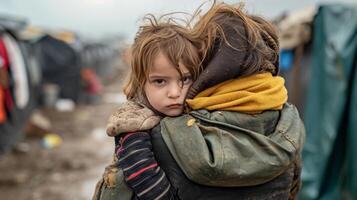 AI generated war immigrant mother comforting her child in a camp shelter photo