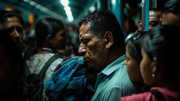 ai generado grupo de inmigrantes en concurrido tren público transporte en pie cerca a cada otro foto