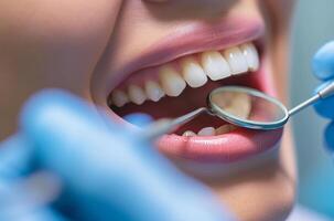 AI generated a dentist in gloves using tools for a patient oral examination with white teeth photo