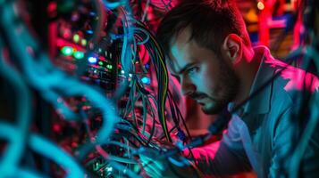 AI generated Work overload IT support troubleshooting  in server room with blinking light and cables photo