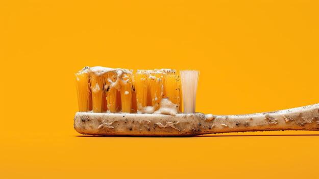 AI generated Old toothbrush and toothpaste on a yellow background photo