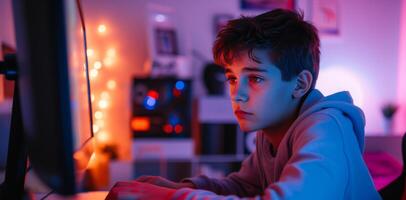 AI generated cyberbully in teenage boy staring at computer screen with sadness photo