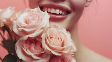 AI generated a bright healthy smile woman holding a roses with perfect white teeth pink rose background photo