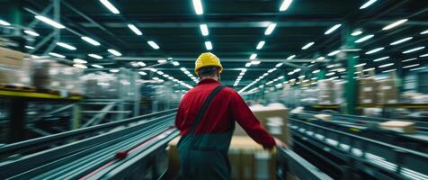 AI generated Work overload factory worker on assembly line conveyor belts moving with production demand photo