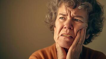AI generated dental problems old woman holding jaw with yellow and decaying teeth from pain in tooth photo