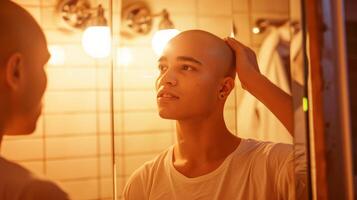 AI generated A young man touching bald head experience with hair loss in his early 20s looking into a mirror photo