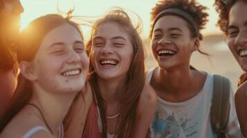 AI generated a group of teenagers laughing and enjoying a day at the beach during sunset photo