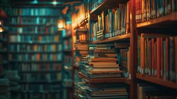 AI generated cozy library at dusk, shelves filled with books on lifelong learning photo