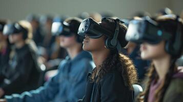 AI generated VR learning experience. virtual reality classroom students wearing headsets photo