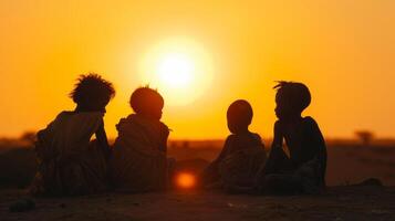 AI generated Global Warming group of african children against hot sunset climate change photo