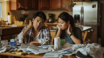 AI generated Tax problem Asia couple sitting at kitchen table with letters from the IRS tax forms photo