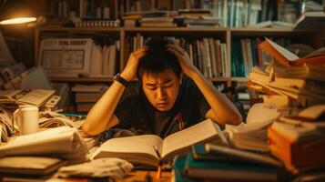 AI generated young man student stress from study exams before deadline surround by books notebooks photo