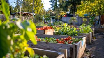 ai generado global calentamiento comunidad jardín con de madera jardineras maduro rojo Tomates local comida foto