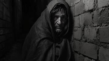 ai generado pobreza y rechazo un Vagabundo antiguo hombre envuelto en un cobija en un oscuro callejón. foto