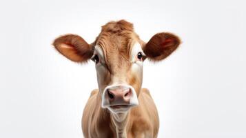 AI generated A close-up of a brown and white cow with a focused expression isolated on a white background photo