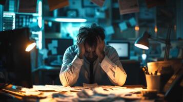 AI generated A Trader Holding Their Head with Computer Screens and Documents on Desk. photo