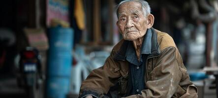 AI generated war immigrant elderly man in a worn jacket sitting looking into the distance photo