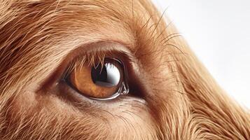 AI generated Animal rights concept close-up of a dog eye with reflection on white background photo