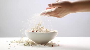 AI generated a hand sprinkling spices into a bowl of noodles. photo