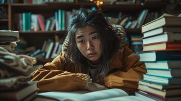 AI generated no money for tuition fees woman student surrounded by textbooks with stress face photo