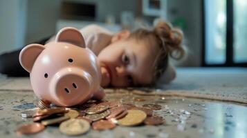 ai generado un roto cerdito banco con un niña en el piso emergencia dinero foto