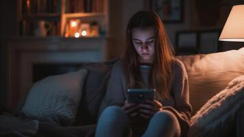 ai generado cyberbully en Adolescente niña leer acoso cibernético comentarios solo en oscuro habitación foto