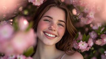 AI generated a woman teeth model show blushing bright teeth smile against pink flower backdrop photo