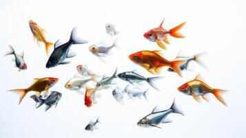 AI generated A variety of colorful goldfish swimming on white background photo