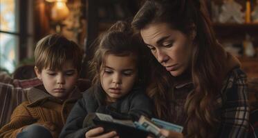 AI generated Stress single mom checks empty wallet with two children nearby photo