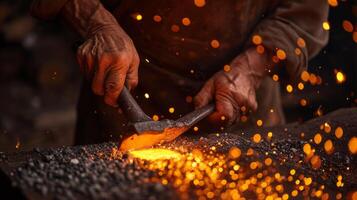 AI generated elderly blacksmith hammers forging melt metal into shape metalworking craftsmanship. photo