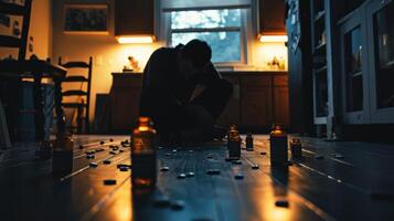 AI generated depression man sitting alone on the floor with mental illness pills and bottles photo