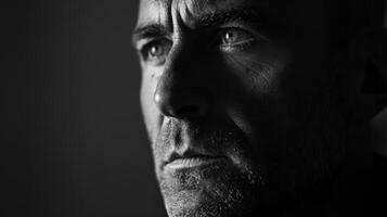 AI generated A close-up of a man serious face grayscale tone dark background photo