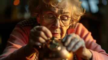 AI generated old woman holding an empty piggy bank lack of savings in old age photo