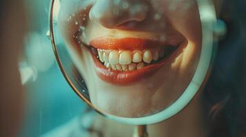 ai generado sano sonrisa mujer reflejando en un espejo con Perfecto blanco dientes y lápiz labial foto