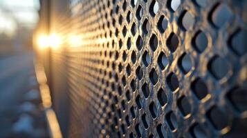 AI generated The intricate lattice of an industrial metal fence, a visual contrast within the urban landscape photo